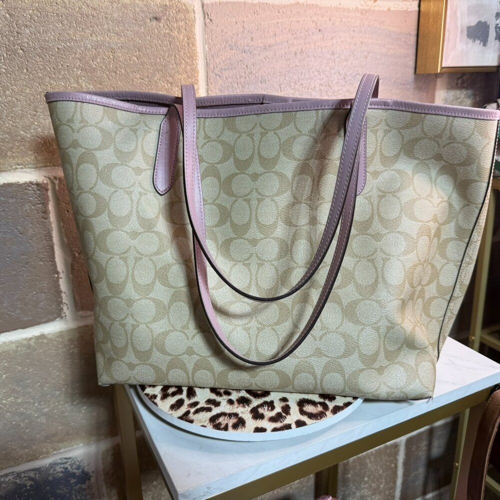 Coach Signature Canvas Tote with Lavender Trim - Picture 2 of 6